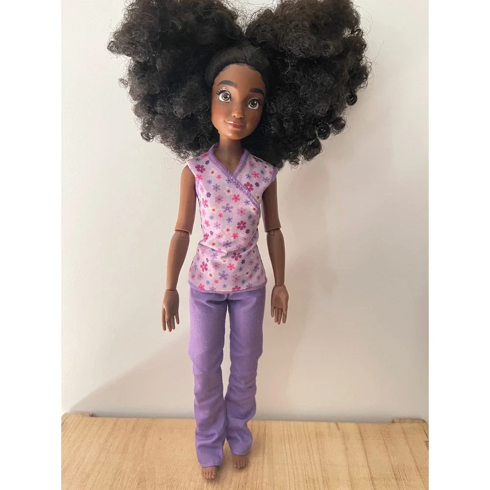 Disney Doll Black Curly Hair Brown Eyes Articulated Floral Top Purple Pants